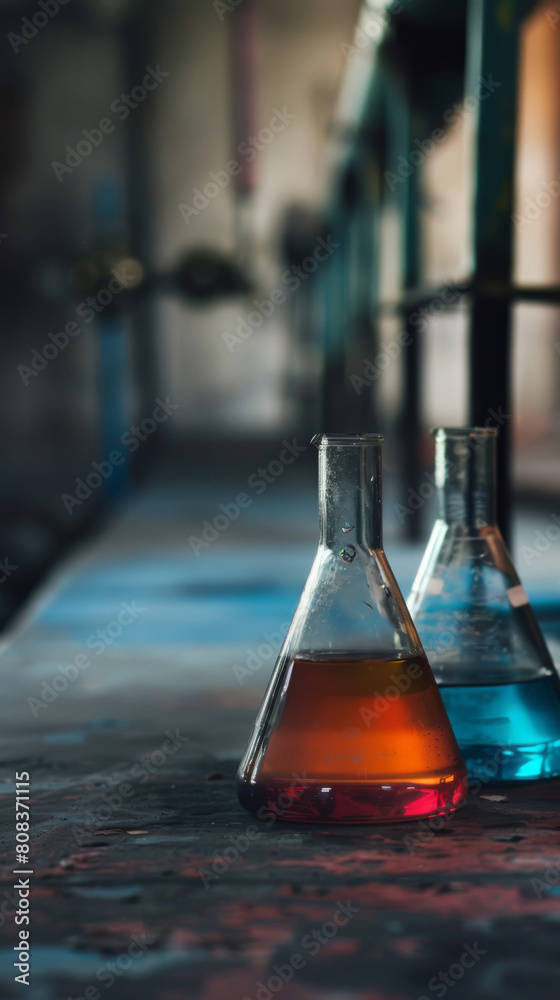 Vibrant chemical solutions in flasks on a laboratory bench Vibrant chemical solutions in flasks on a laboratory bench