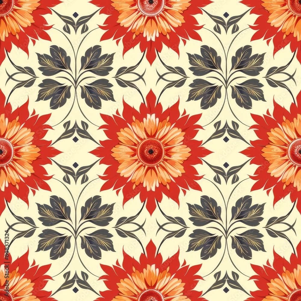 Vibrant floral pattern with sunflowers, leaves, and geometric accents