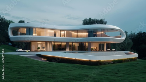 Modern futuristic villa with luminous windows at twilight © Irina.Pl