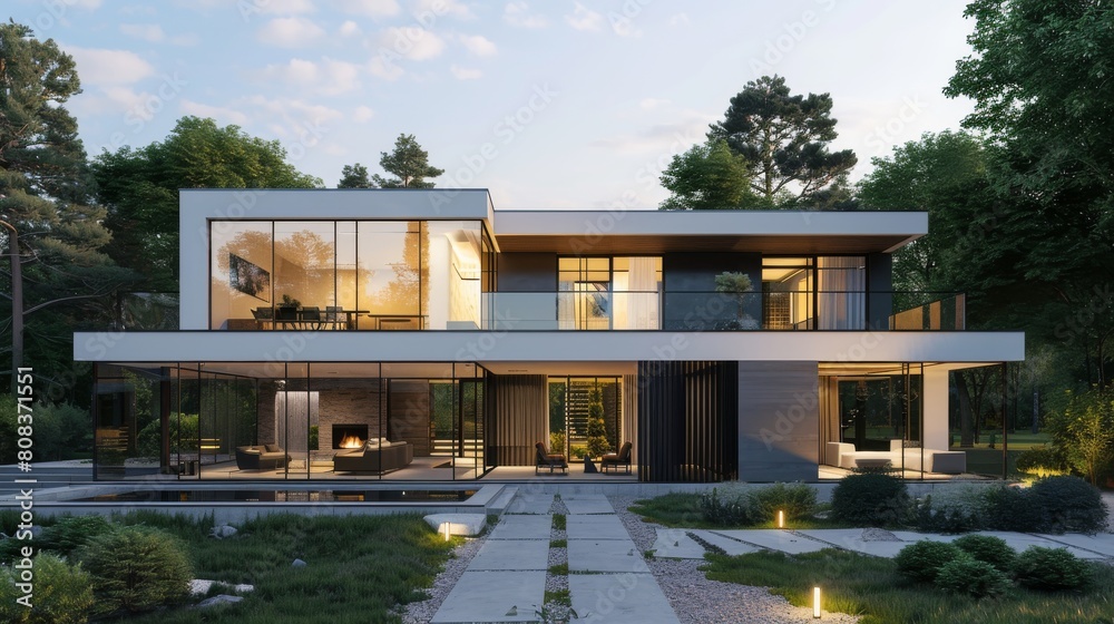 Modern luxury house with large windows and beautiful landscaping at dusk