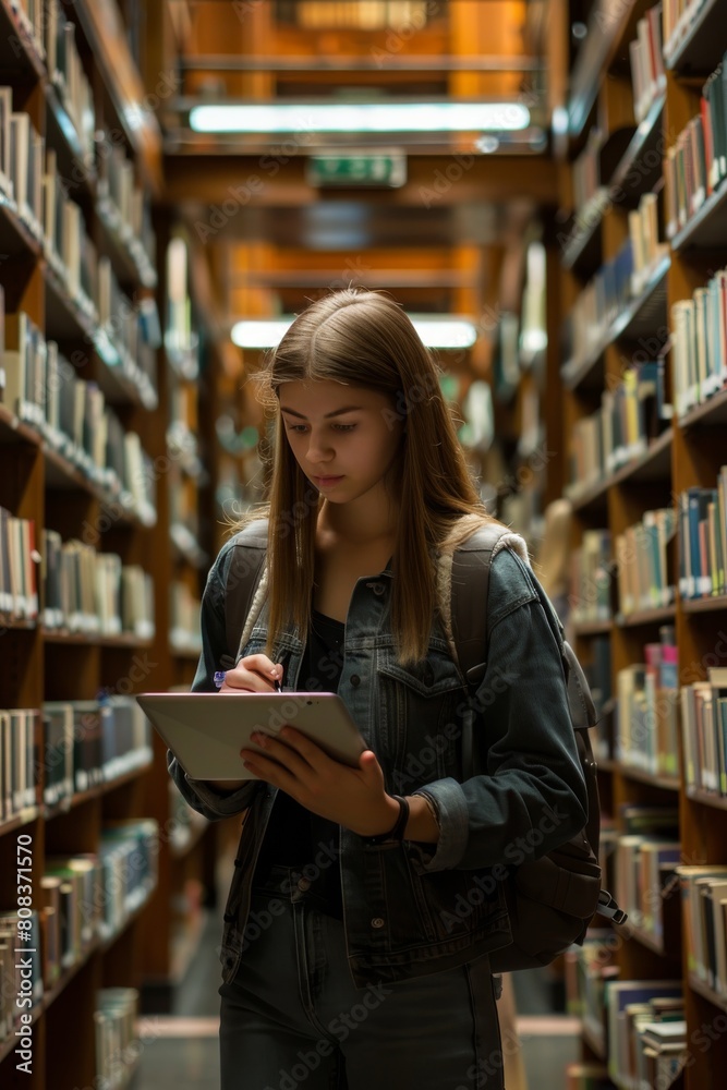 Focused young woman reading book in library aisle Focused young woman reading book in library aisle