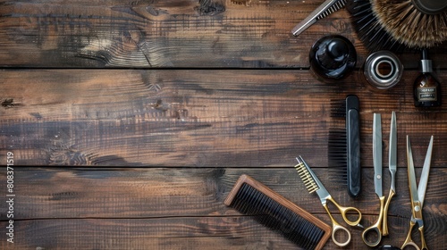Hairdresser tools on wooden background. Top view on wooden table with scissors, comb, hairbrushes and hairclips, free space. Barbershop, manhood concept 