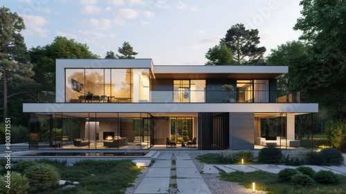 Modern luxury house with large windows and beautiful landscaping at dusk © Irina.Pl