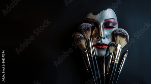 make up set, soft makeup brushes and maskara on black background  photo