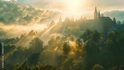 A misty sunrise over the monastery evoking a sense of mystery and enchantment as natural light seeps into the tranquil surroundings. . photo