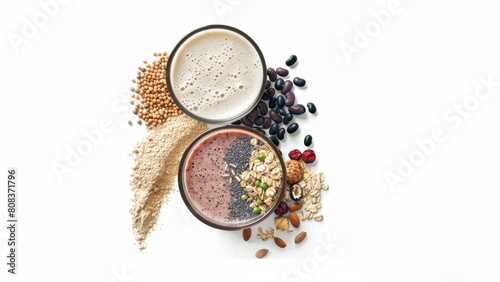 arrangement of grain superfood shakes on the left half of the circular frame and oats, black beans 