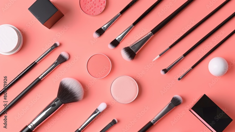 Professional makeup brushes and tools, make-up products set. Flat composition. magazines, social media. Top view. Flat lay. Professional makeup brushes and tools, make-up products set. Flat composition. magazines, social media. Top view. Flat lay.