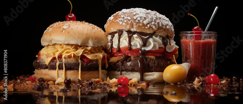 Gourmet Ice Cream Burgers with Toppings and Drinks on Dark Background