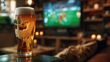 glass with beer on a wooden table in a house with a TV in the background watching a soccer game in high resolution