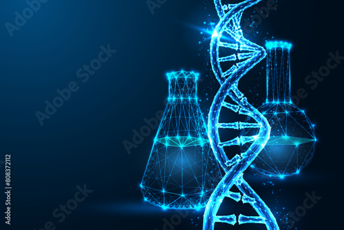 Bio-tech innovation concept with DNA strands and laboratory flasks on dark blue background. 