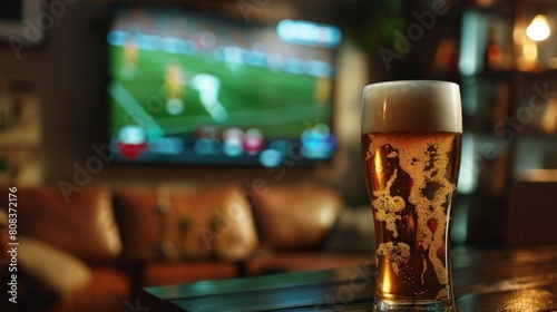 glass with beer on a wooden table in a house with a TV in the background watching a game © Marco