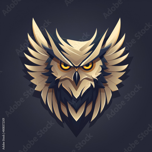 A stylized owl head with a golden eye and black feathers