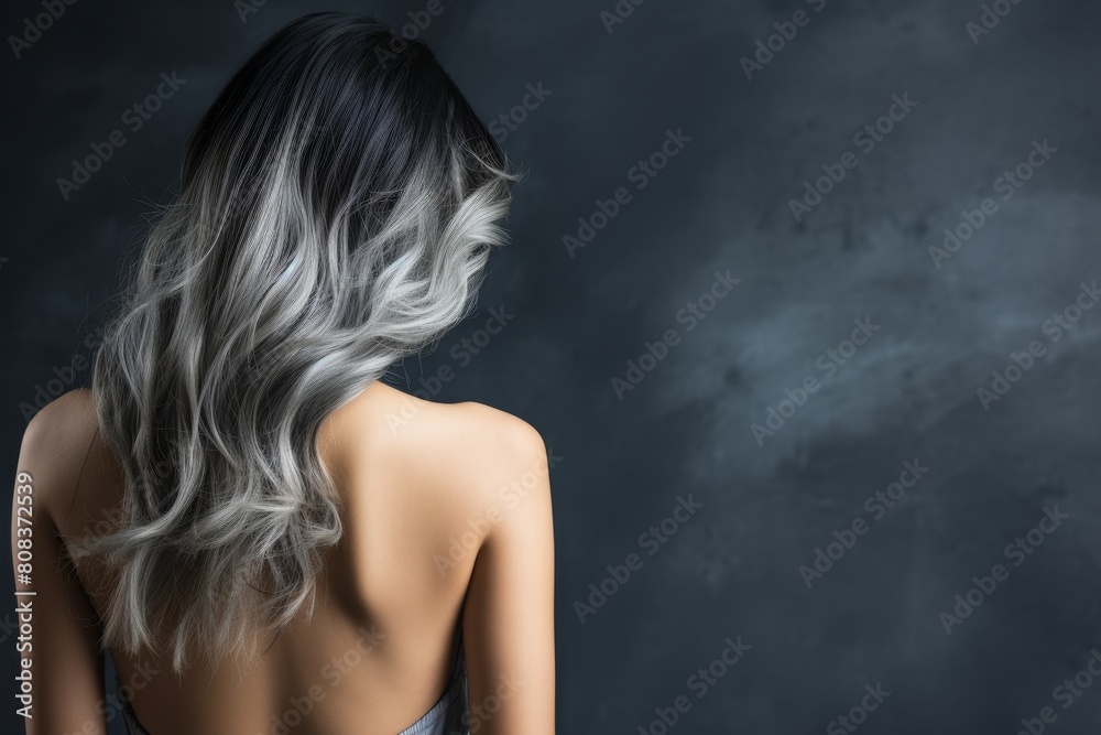 Gorgeous Young Woman with Striking Long Wavy Brunette Hair featuring Black and White Ombre Hair Extensions or Highlights, Exuding Elegance and Charm against a Dramatic Dark Background Gorgeous Young Woman with Striking Long Wavy Brunette Hair featuring Black and White Ombre Hair Extensions or Highlights, Exuding Elegance and Charm against a Dramatic Dark Background