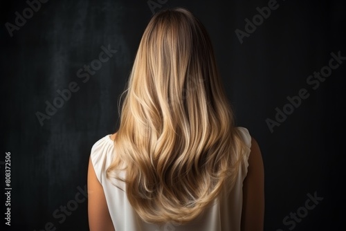 A captivating image featuring a woman with luxurious wavy blonde hair flowing down her back, perfect for beauty, fashion, and hair care campaigns seeking elegance and allure in their visuals.