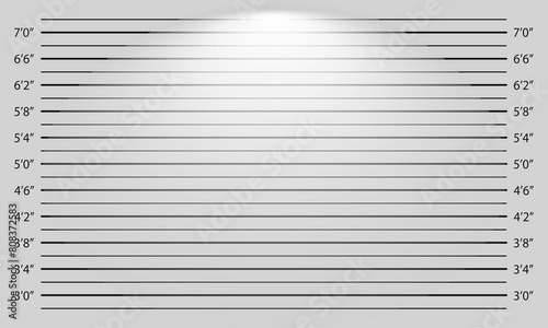 Line up mugshot template with lighting effect. Background for burglar profile. Police inches height chart for photoshoot of wanted, arrested or suspected person identification. Vector illustration.
