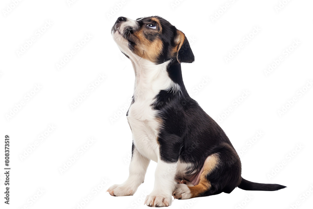 A cute puppy is sitting and looking up with a curious expression on its face A cute puppy is sitting and looking up with a curious expression on its face