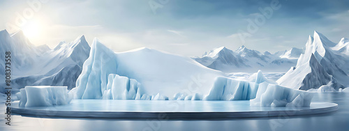 Ice background podium cold winter snow product platform floor frozen mountain iceberg.Podium glacier cool ice background stage landscape display icy stand 3d water nature pedestal arctic concept cave