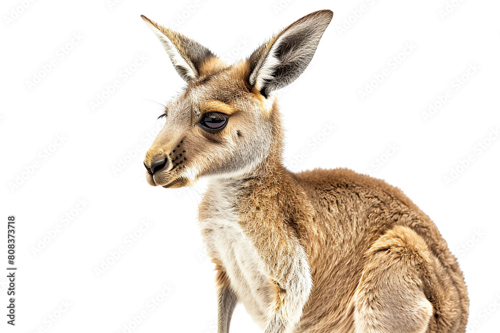 Fototapeta premium Cute joey kangaroo sitting up on it's haunches looking at the camera with a curious expression on it's face.