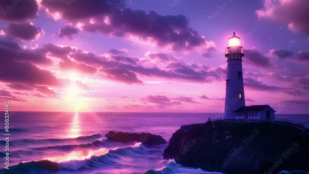 As the sky becomes a canvas of purples and pinks the lighthouses light becomes more prominent creating a mesmerizing scene at Lighthouse Respite. .