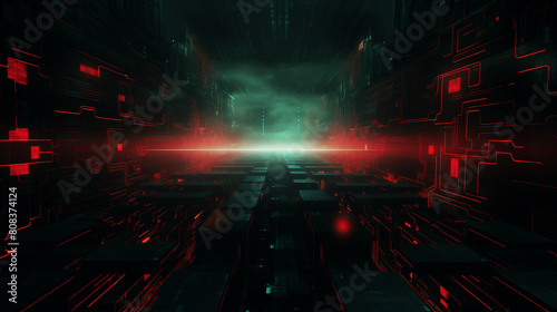 Futuristic cyberpunk cityscape with glowing neon lights and abstract data structures in a dystopian world visualization for advanced computing technologies