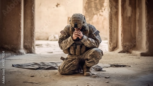 Contemplative Soldier Praying in a Deserted Building, A Moment of Solitude
