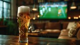 glass of beer on a small wooden table in a house with a TV in the background watching a game