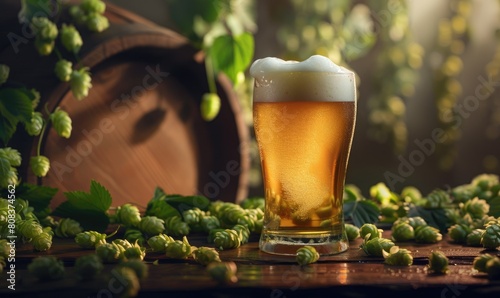 Cold fresh glass of beer with lots of hops around © piai