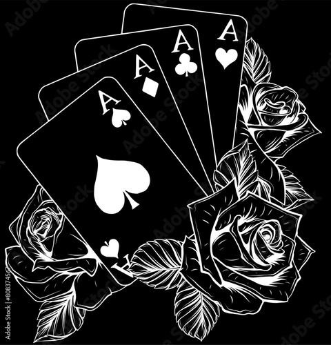 white silhouette of four aces poker card tattoo, on black background vector illustration