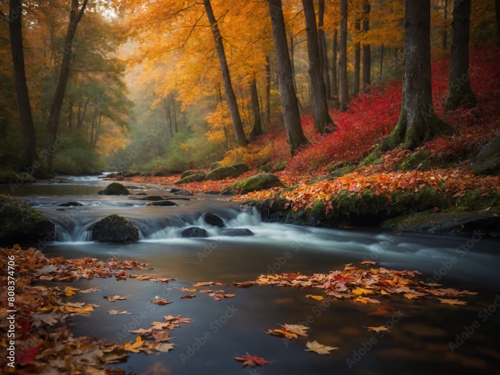 Stream, serene, tranquil, makes its way through forest, vibrant with colors of autumn. Ground blanketed with leaves, their hues of orange, red, yellow reflected on waters surface. Soft blur of water.