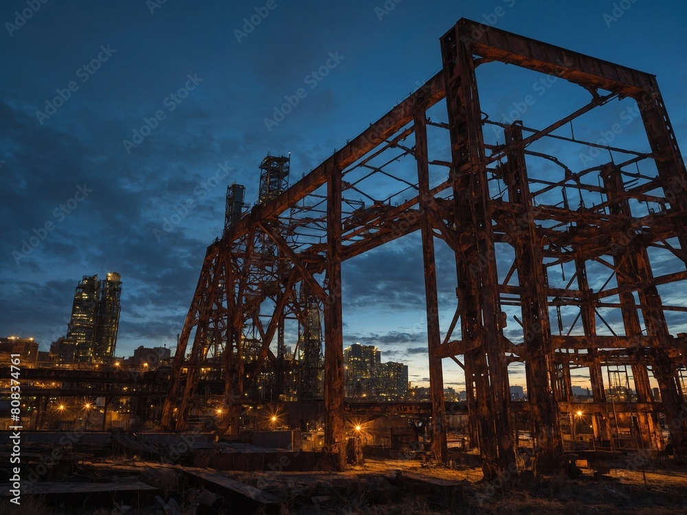 Industrial structure, in state of disrepair, stands tall against twilight sky. Rusted metal framework of structure towers over what remnants of factory floor. Skeletal remains of building. Industrial structure, in state of disrepair, stands tall against twilight sky. Rusted metal framework of structure towers over what remnants of factory floor. Skeletal remains of building.