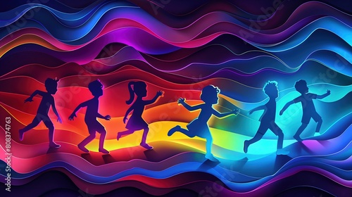 Grupa dzieci i dorosłych biegnie po tęczowej fali w intensywnych kolorach. Akcja toczy się dynamicznie, podkreślając energię i radość