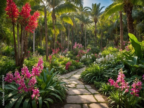 Stone path, like river, winds its way through garden that riot of color. Vibrant red, pink flowers reach for sky, their petals stark contrast to lush greenery that surrounds them. © Tamazina
