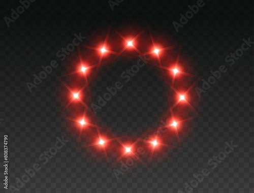 Red round light effect frame, illuminate ring with lamps isolated on transparent background. Magic fantasy portal, teleport. Vector cosmic vibrant circle border. Glowing neon bulbs