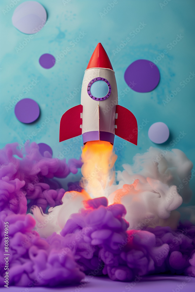 Night launch of a cardboard rocket. Children play time story time. Purple background with copy space. High quality photo Night launch of a cardboard rocket. Children play time story time. Purple background with copy space. High quality photo
