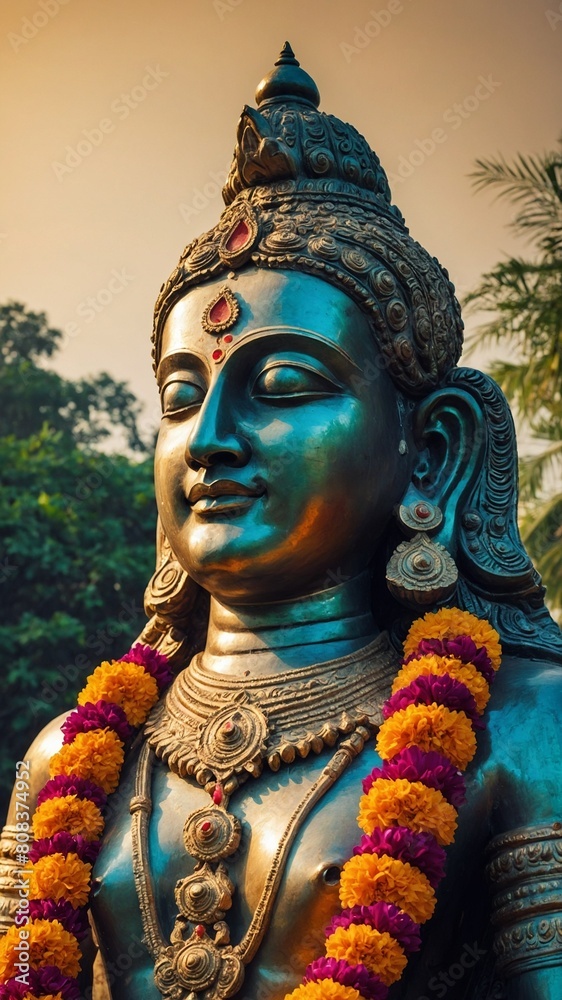 Statue stands adorned with vibrant marigold garlands in orange, yellow hues, against backdrop of green foliage, clear sky, suggesting place of reverence, contemplation.