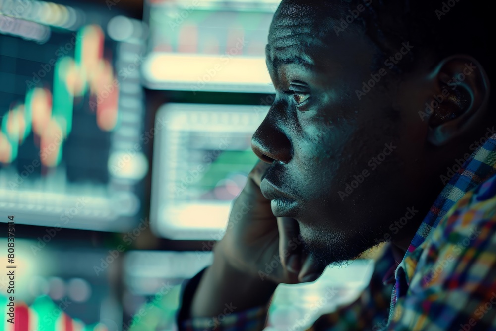 sad african man looking at stock exchange data and chart graphs on display financial worry