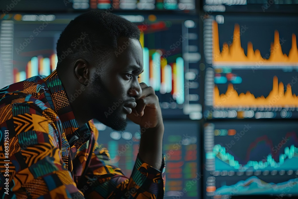 sad african man looking at stock exchange data and chart graphs on display financial worry sad african man looking at stock exchange data and chart graphs on display financial worry