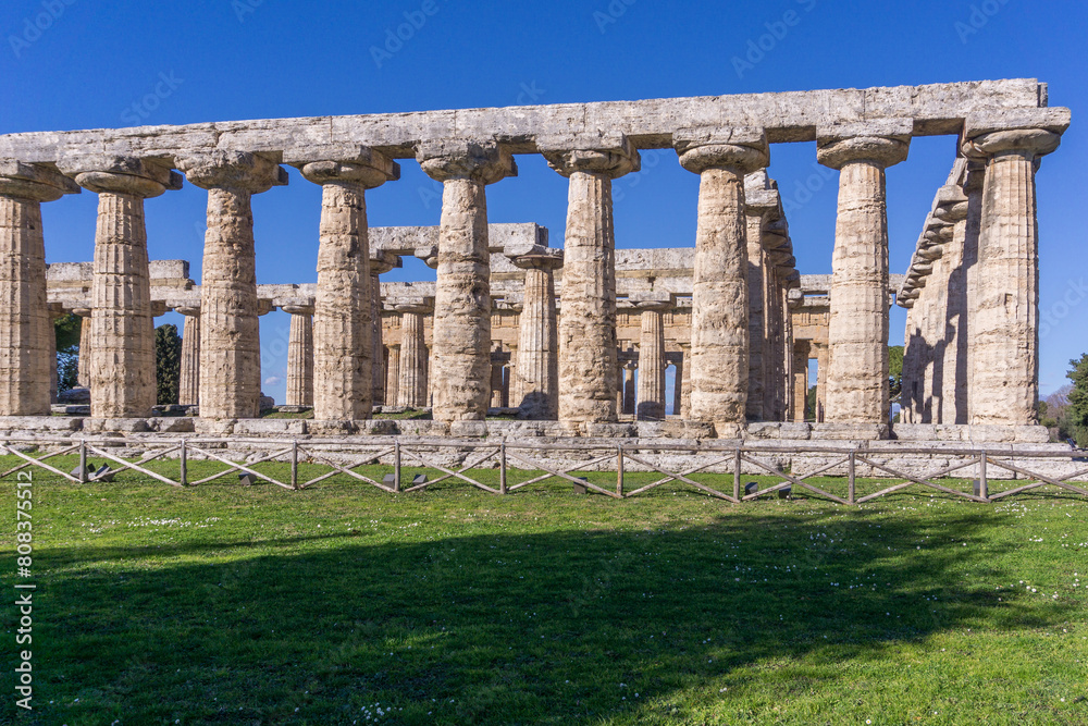 Fototapeta premium Temple of Hera at famous Paestum Archaeological UNESCO World Heritage Site, Province of Salerno, Campania, Italy