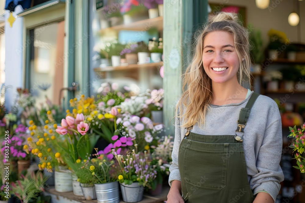 smiling florist standing proudly in front of her charming flower shop small business owner portrait