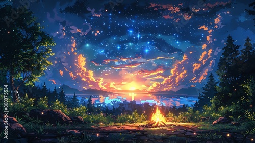 Capture a front view Camping scene in a vibrant pixel art style, showcasing a cozy campfire among lush greenery under a starry sky, with a touch of retro nostalgia