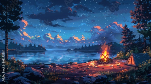 Capture a front view Camping scene in a vibrant pixel art style, showcasing a cozy campfire among lush greenery under a starry sky, with a touch of retro nostalgia photo