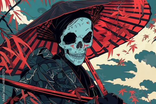 striking spooky skeleton samurai characters in anime style digital illustration