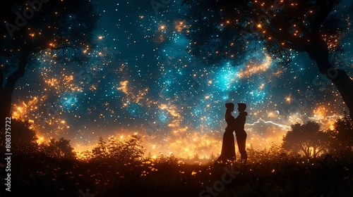 Capture a low-angle view of two lovers embracing under a starlit sky, surrounded by a lush forest backdrop Employ soft, ethereal lighting to enhance the romantic atmosphere Digital rendering technique
