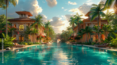 Swimming pool in a luxury villa with palm trees on the background