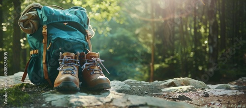 Shoes and bags on a hurricane background. Mountain climbing equipment