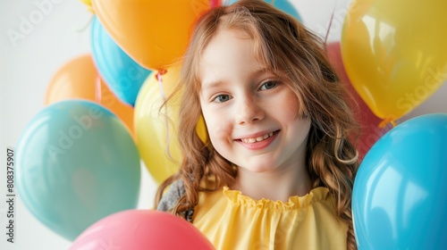 Mała dziewczynka stoi przed grupą balonów na tle białego tła, na tle balonów widoczne są jej radość i zaciekawienie