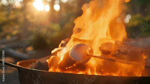 As the sun sets over the treetops gather around the campfire and roast marshmallows with your loved ones. Feel the warmth of the fire and the closeness of your friends . photo