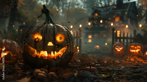 Halloween themed background with decorated pumpkins