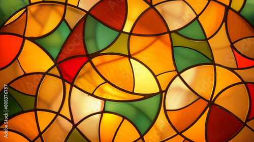 Stained glass-style artwork featuring colorful  interconnected circles on a geometric background in a blend of cool and warm hues