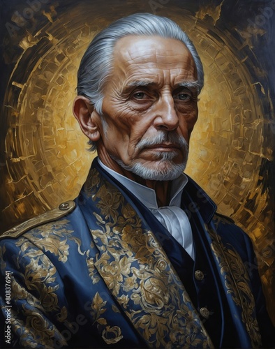 Distinguished older man with short gray hair and a gray beard wearing an ornate blue jacket with gold accents and a white shirt abstract golden yellow background